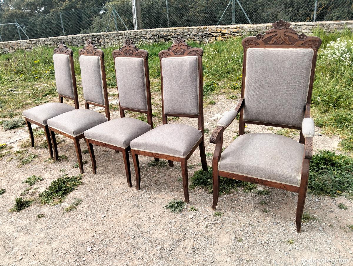 Antig&uuml;edades: Siller&iacute;a antigua de madera tallada 4 sillas tapizadas y butaca, de estilo Modernista a&ntilde;os 10-20