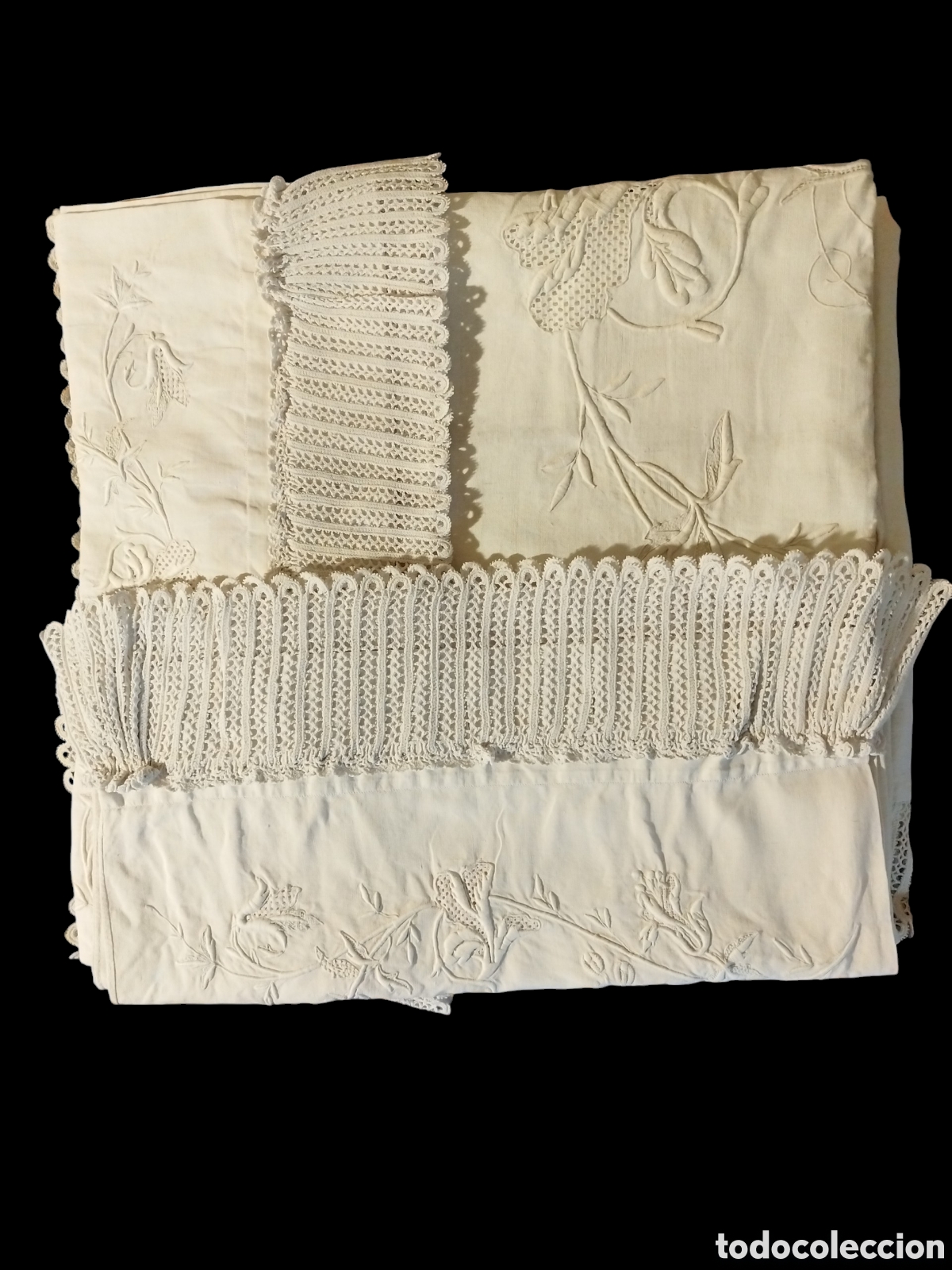 Antig&uuml;edades: S&Aacute;BANA DE MATRIMONIO CON FUNDAS DE ALMOHADA - LINO- CON BORDADOS Y PUNTILLAS