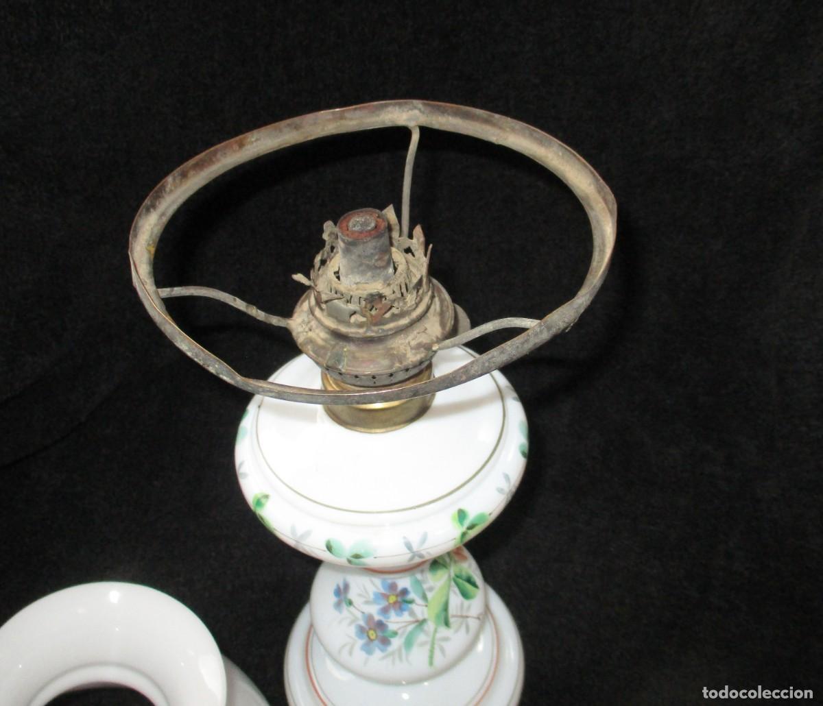 Antig&uuml;edades: ANTIGUO QUINQU&Eacute; O L&Aacute;MPARA EN OPALINA PINTADA A MANO. - Foto 10