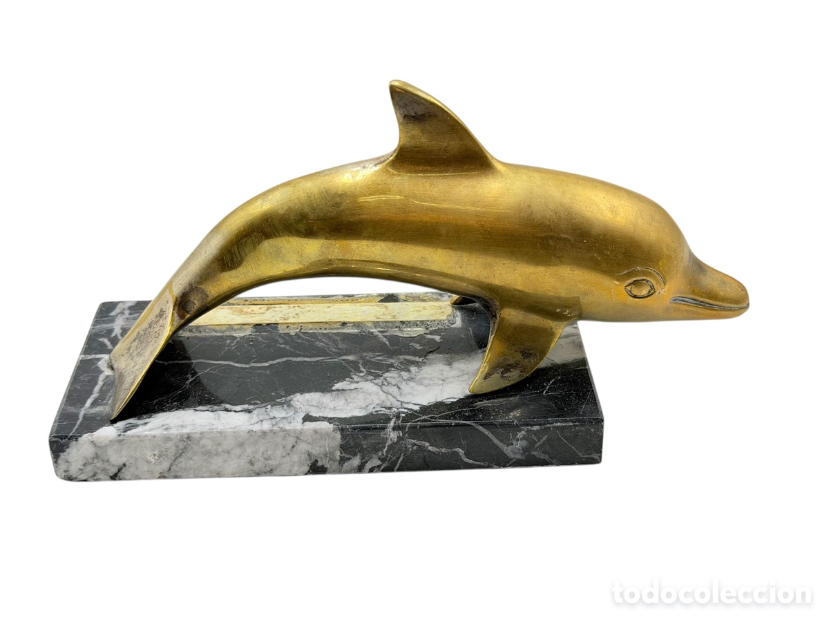 Antiguidades: Antigua Figura de Delf&iacute;n en Bronce y M&aacute;rmol