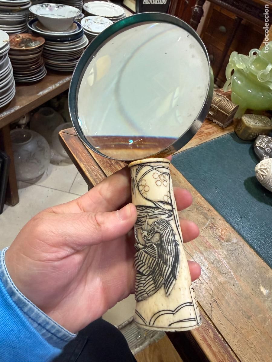 Antig&uuml;edades: LUPA CON PU&Ntilde;O DE HUESO TALLADO Y GRABADO CON MOTIVO ORIENTAL - MEDIDA TOTAL 22 CM