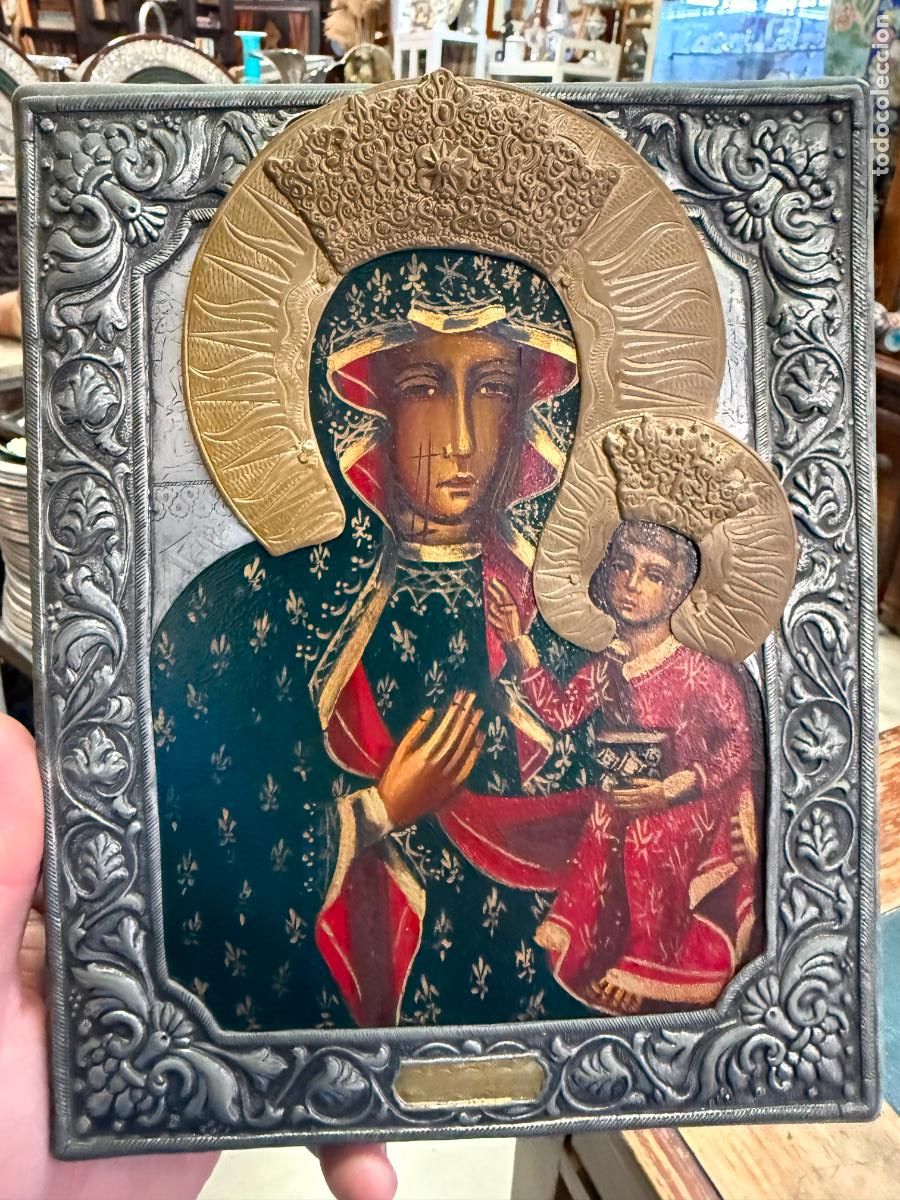 Antig&uuml;edades: ICONO RELIGIOSO EN METAL REPUJADO Y PINTURA - MEDIDA 20,5X16,5 CM