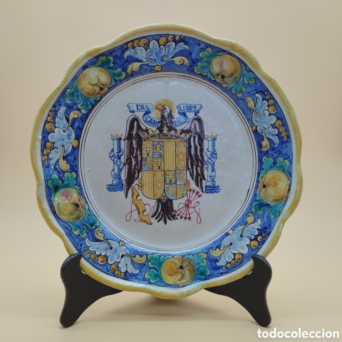 Antiques: Plato cer&aacute;mica Talavera Niveiro &aacute;guila de San Juan siglo XX 35 cm restaurado Toledo antiguo falange