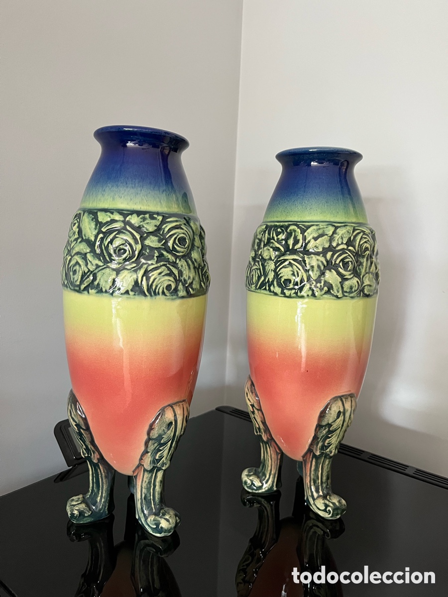 Antig&uuml;edades: Pareja Jarrones de cer&aacute;mica esmaltada, estilo modernista, a&ntilde;os 60-70