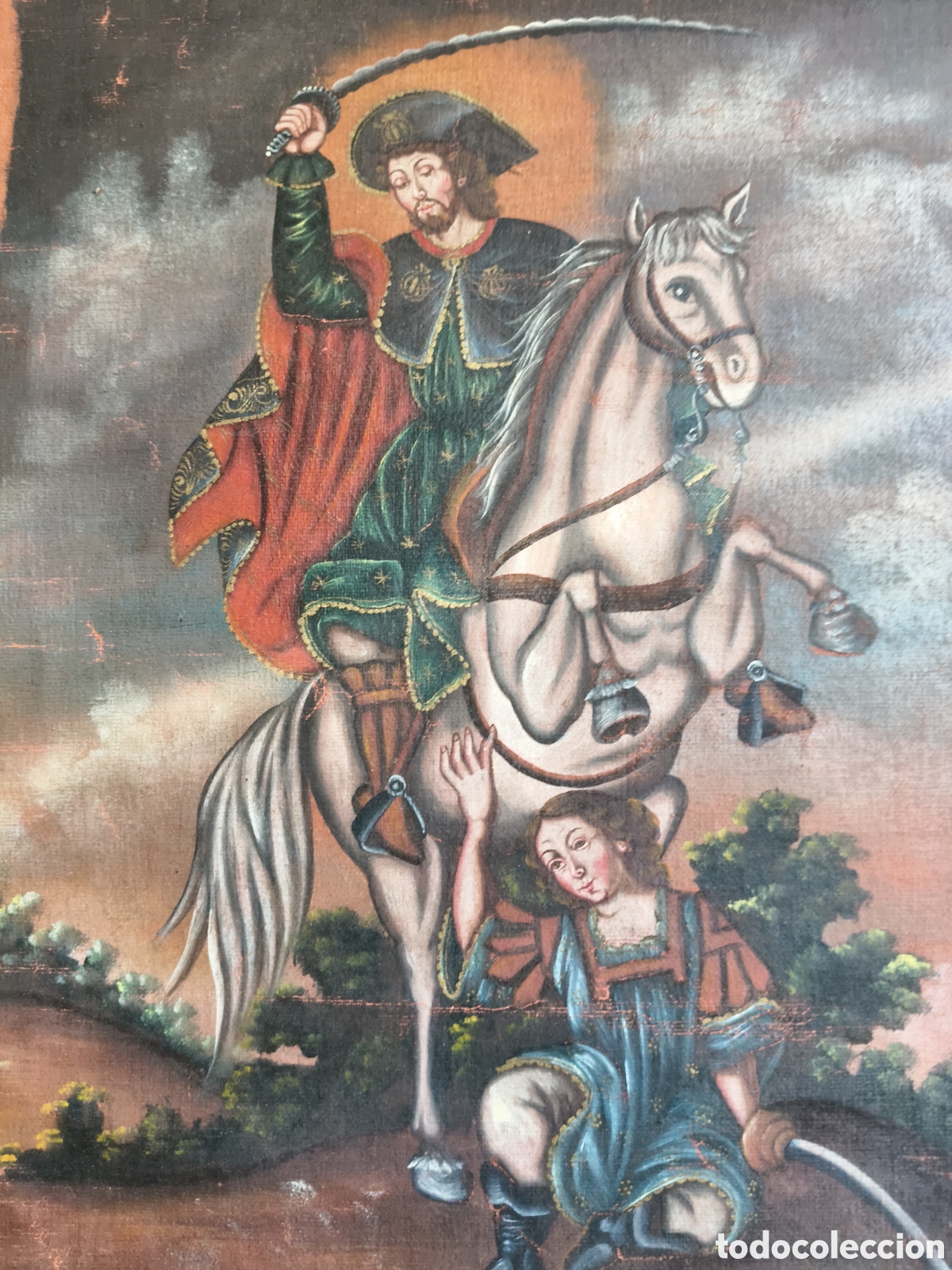 Antiguidades: Pintura Escuela colonial espa&ntilde;ola oleo lienzo Aparicion del Ap&oacute;stol Santiago batalla de Clavijo