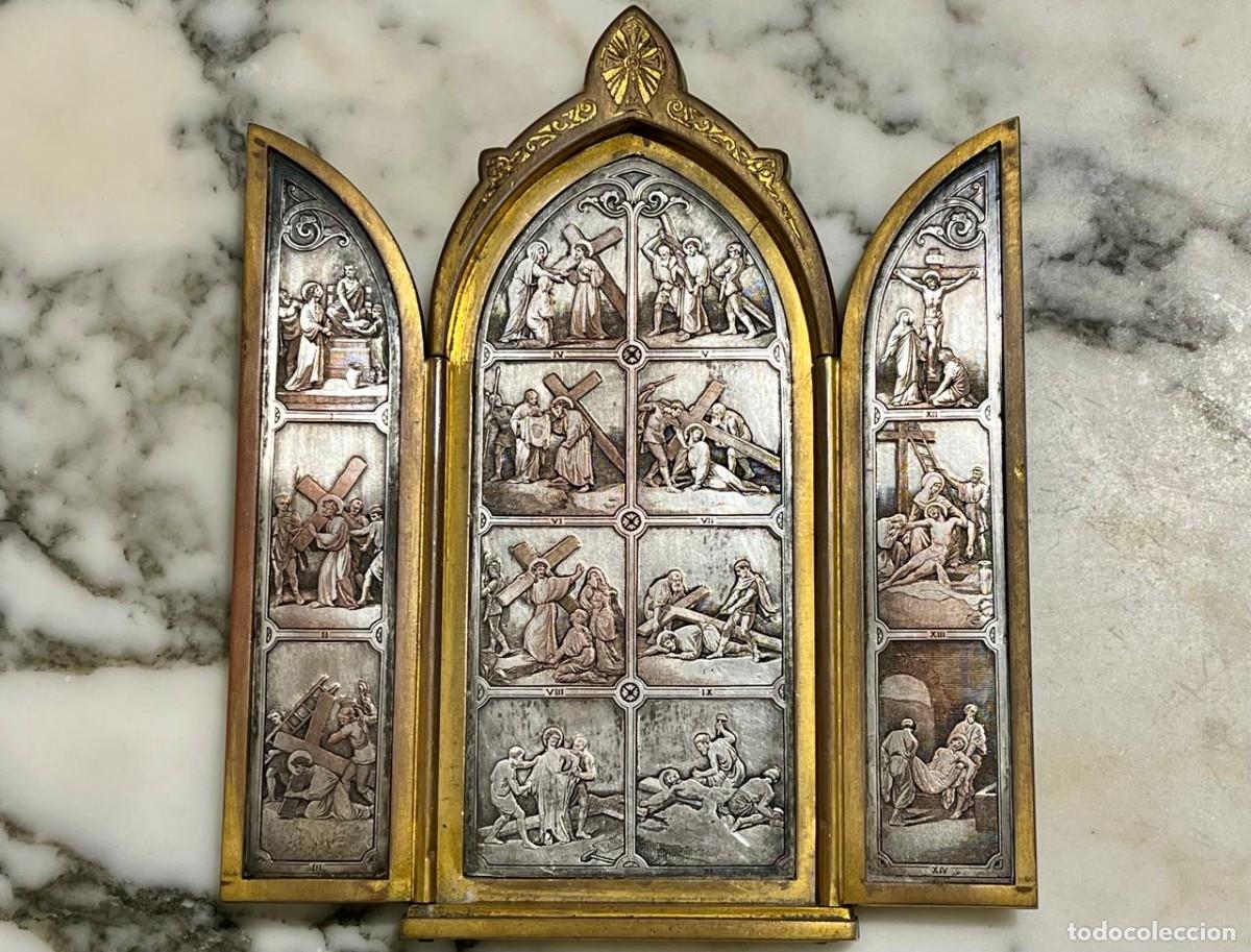Antiquit&auml;ten: Precioso tr&iacute;ptico antiguo de plata y lat&oacute;n con las Estaciones de la Cruz.B. Wicker ?
