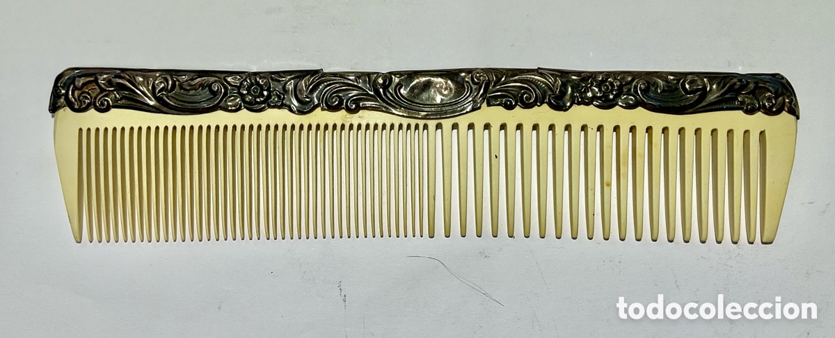 Antig&uuml;edades: Peineta antigua victoriana de plata esterlina y cuerno &ndash; Birmingham, 1893 &ndash; S. M. Levi