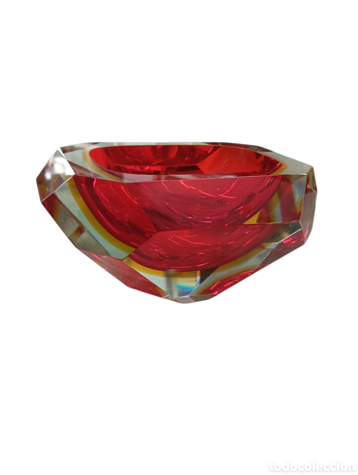 Antiques: VINTAGE CENICERO CRISTAL DE MURANO FACETADO DE COLOR RUB&Iacute; AMARILLO DISE&Ntilde;O DE FLAVIO POLI 18x14x9cm