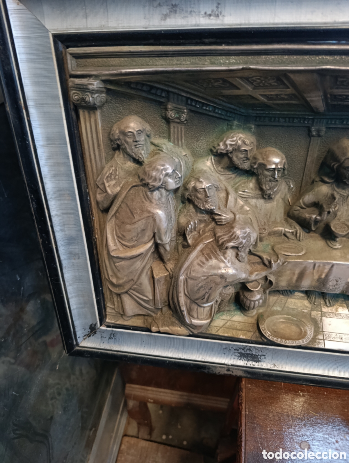 Antig&uuml;edades: Cuadro &uacute;ltima cena laton plateado. - Foto 2