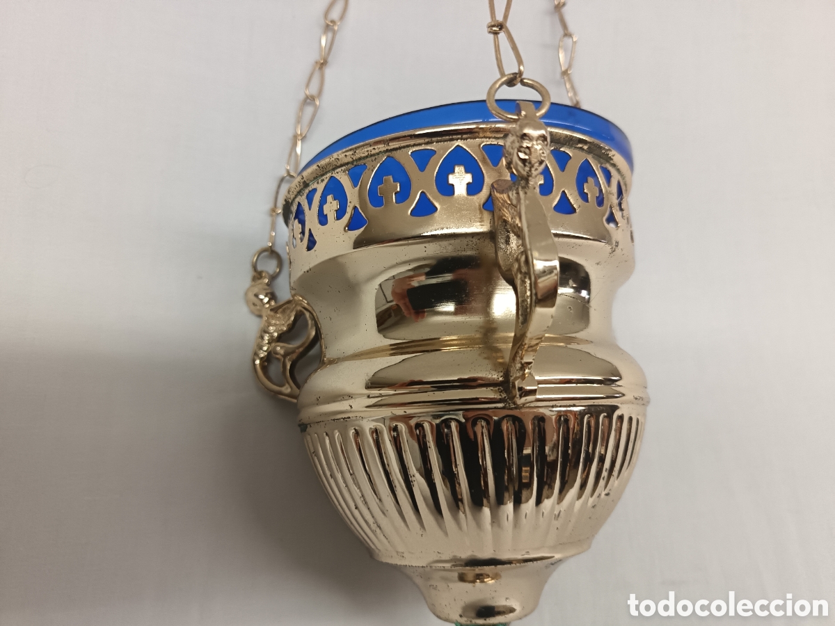 Antiquit&eacute;s: L&Aacute;MPARA VOTIVA DE COLGAR, METAL Y CRISTAL AZUL, IGLESIA