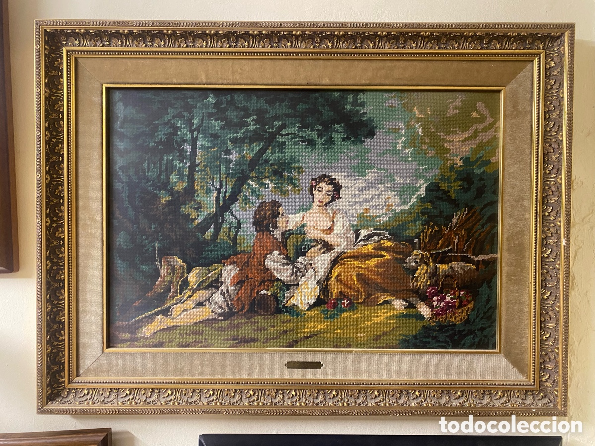 Antiques: Tapiz de punto de cruz enmarcado pastor y pastora de Fran&ccedil;ois Boucher 69,5 x 94 cm.