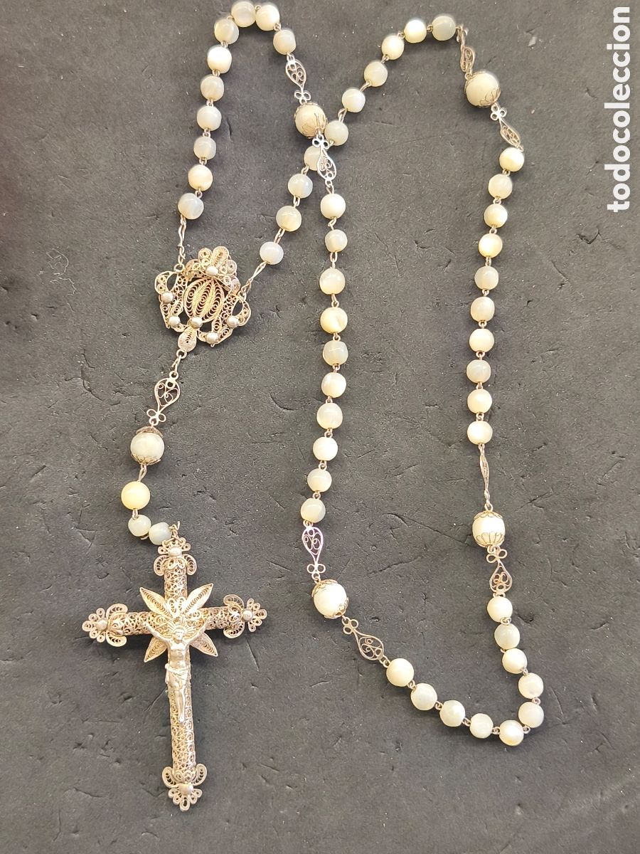 Antig&uuml;edades: Rosario de plata filigrana y nacar
