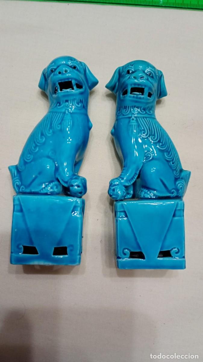 Antig&uuml;edades: Pareja perros Fu Foo azul turquesa a&ntilde;os 60, aprox 12 cm alto
