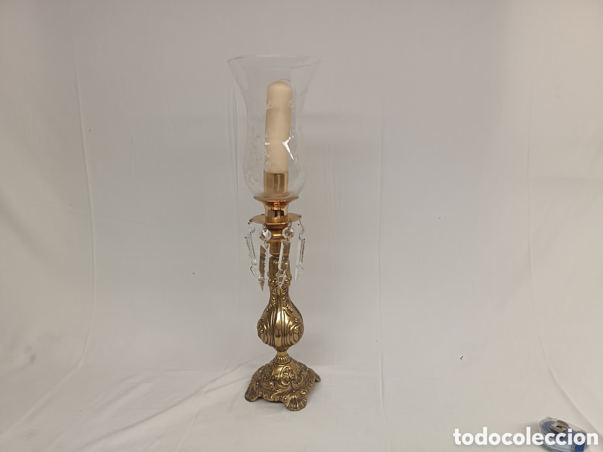 Antiquit&eacute;s: PORTAVELAS DE ALTAR, LAT&Oacute;N MADERA Y CRISTAL, 60 CM