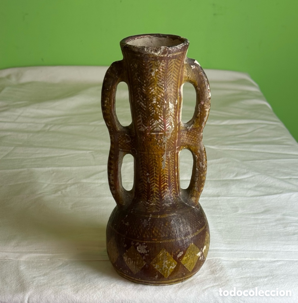 Antiques: Curioso jarr&oacute;n cer&aacute;mica popular pintado a mano doble asa siglo XVIII