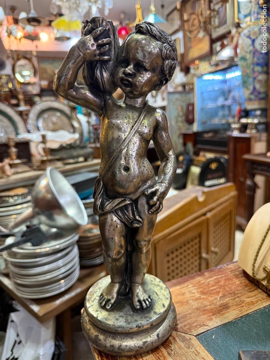 Antig&uuml;edades: PRECIOSO CANDELERO QUERUBIN CON BA&Ntilde;O DE PLATA - MEDIDA 33 CM