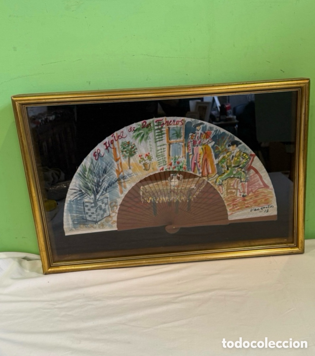 Antiquit&eacute;s: Abanico original firmado Juli&aacute;n Grau Santos (1978) &rdquo;El Hotel de los Toreros&rdquo; - enmarcado