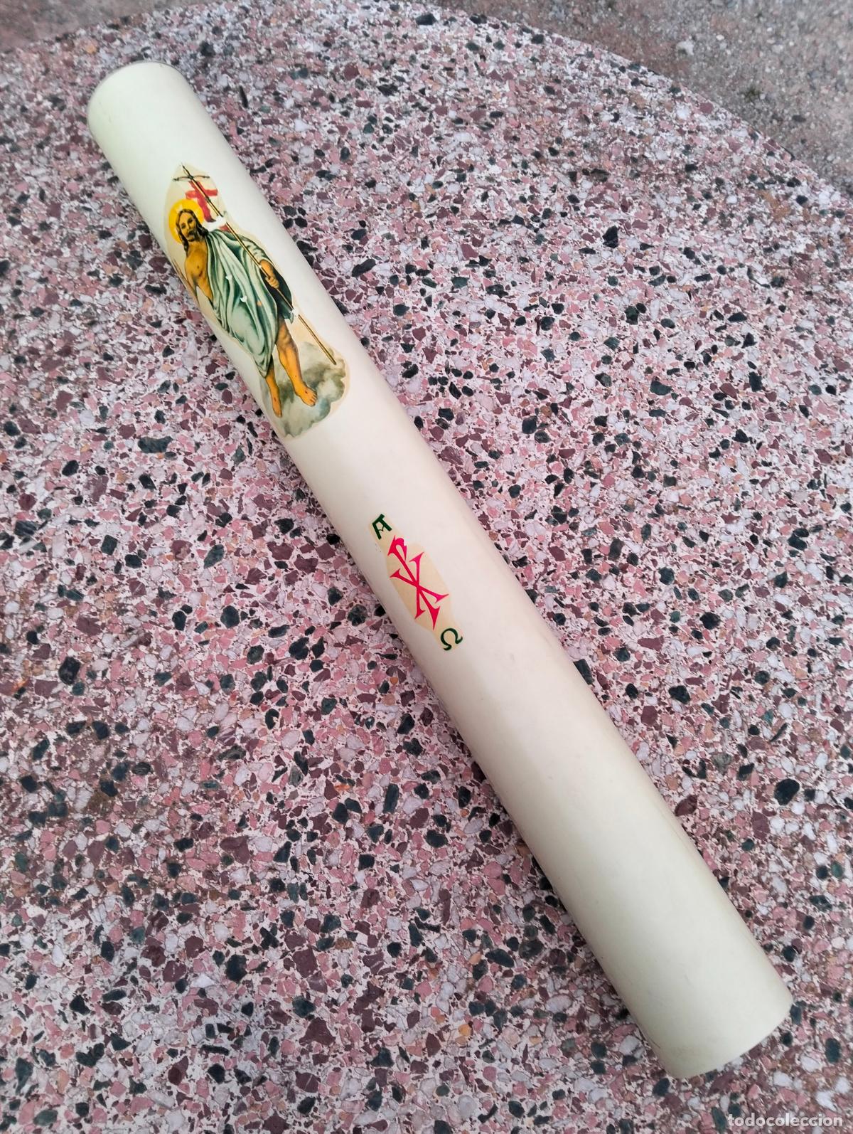 Antig&uuml;edades: Cirio pascual decorativo pasqual funda de pl&aacute;stico para vela aceite imagen de Jes&uacute;s y cruz ohm pi