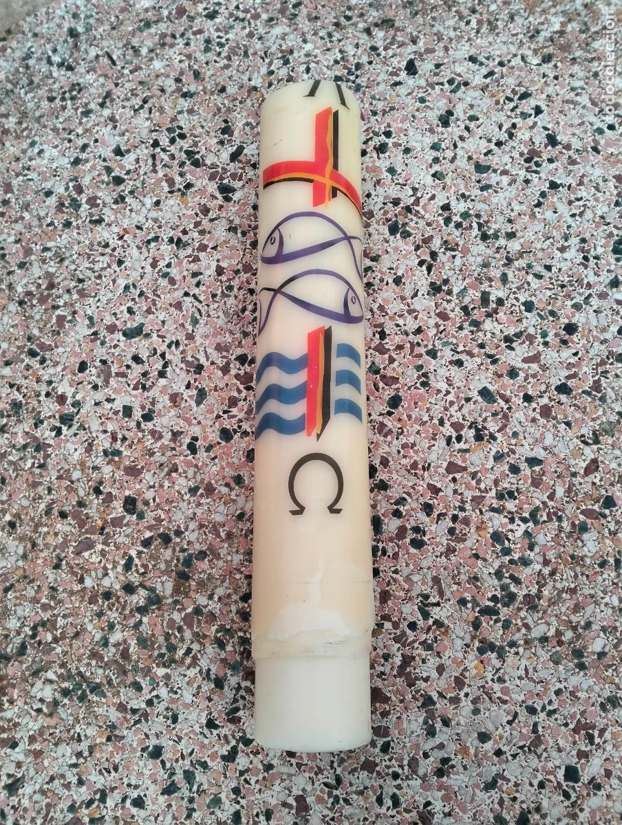 Antig&uuml;edades: Cirio pascual ciri pasqual cera vela blanca enorme gigante im&aacute;genes dibujos lit&uacute;rgicos peces pi cruz