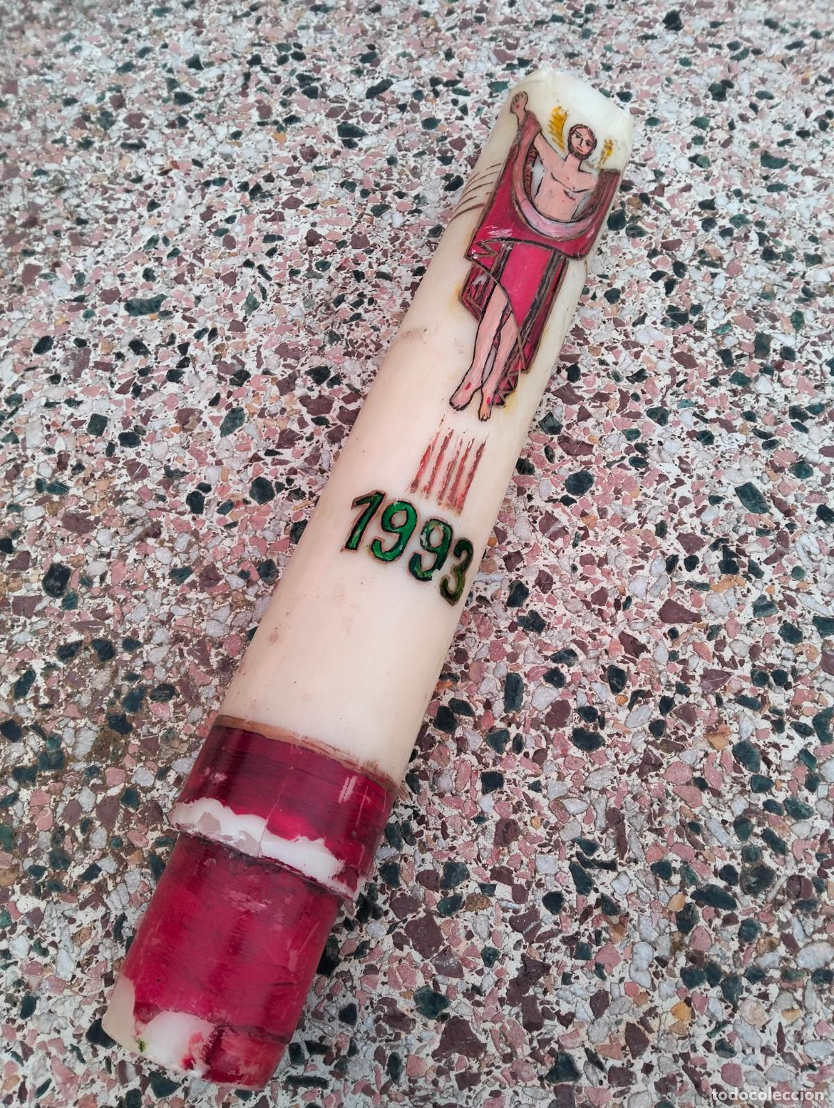 Antig&uuml;edades: Cirio pascual decorativo ciri pasqual cera vela blanca enorme gigante con imagen dibujo 1993 Jes&uacute;s