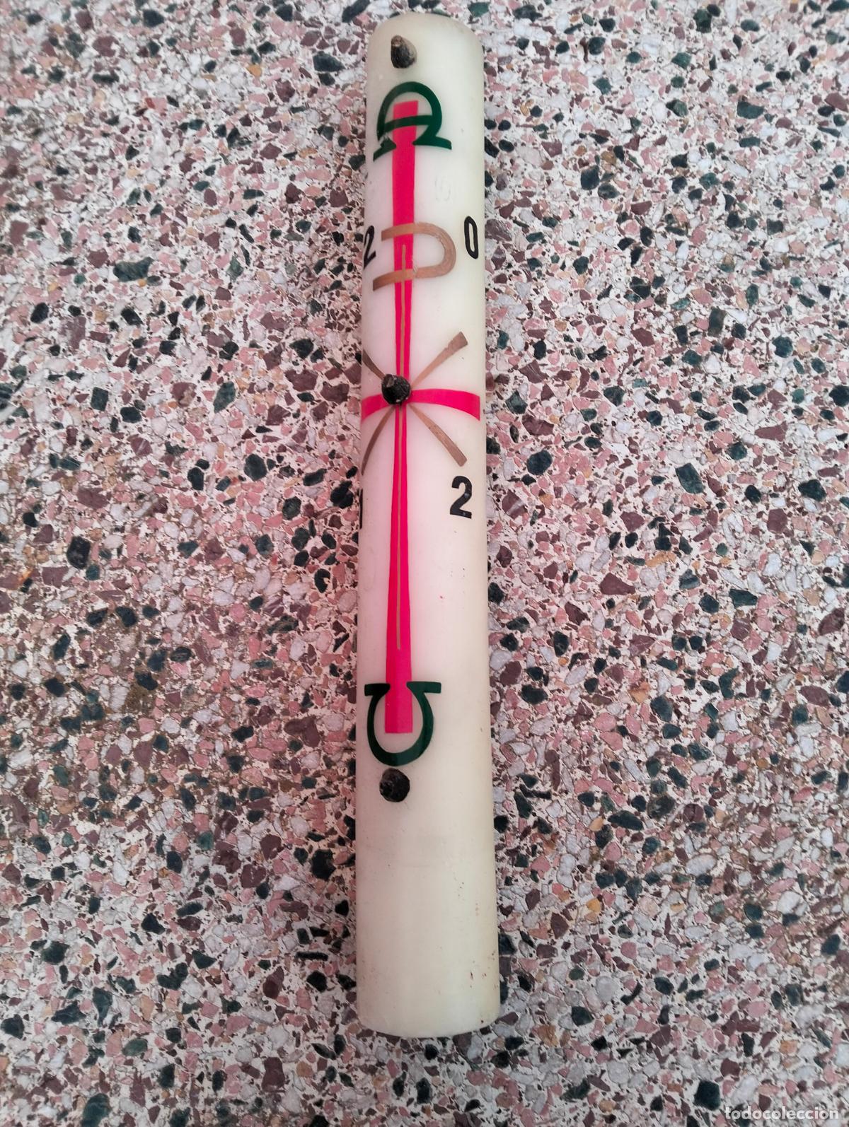 Antig&uuml;edades: Cirio pascual decorativo ciri pasqual cera vela blanca grande con dibujos eucar&iacute;sticos pi cruz ohm