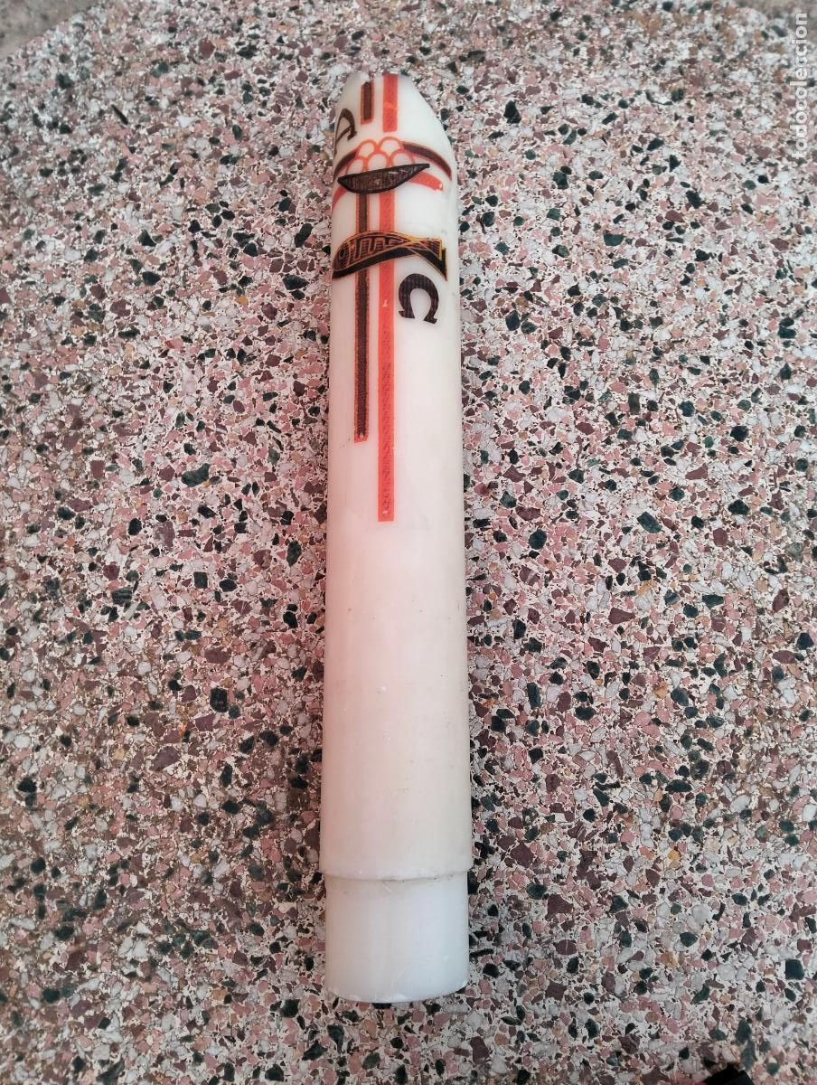 Antig&uuml;edades: Cirio pascual decorativo ciri cera vela blanca enorme con imagen dibujo eucaristico pez cruz ohm