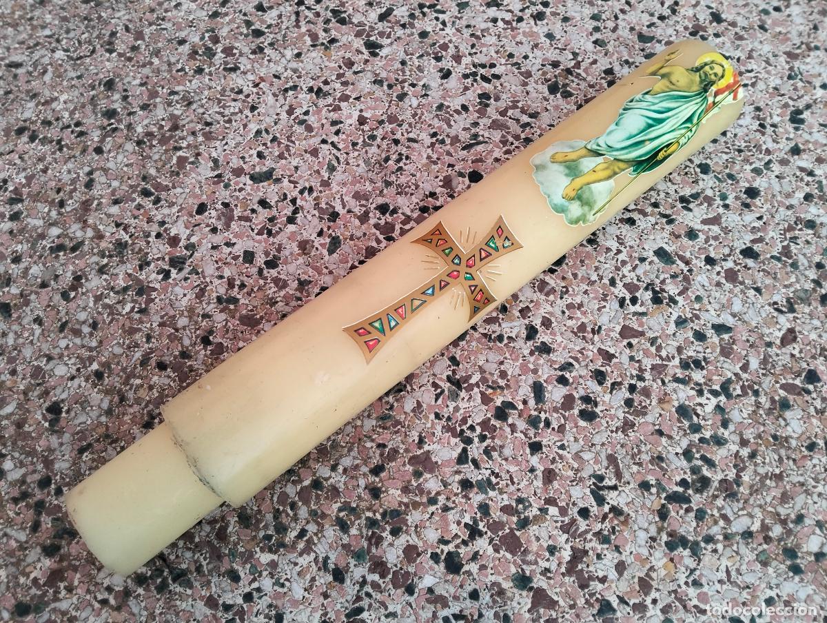 Antig&uuml;edades: Cirio pascual decorativo ciri pasqual cera vela blanca gigante motivos eucar&iacute;sticos cruz Jes&uacute;s