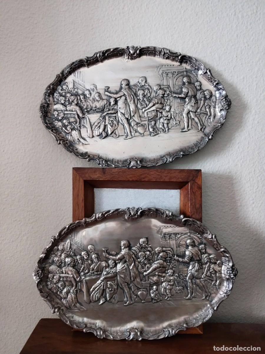 Antig&uuml;edades: Pareja de espectaculares Bandejas &Uacute;ltima Cena Medieval. 29 x 46 cm.