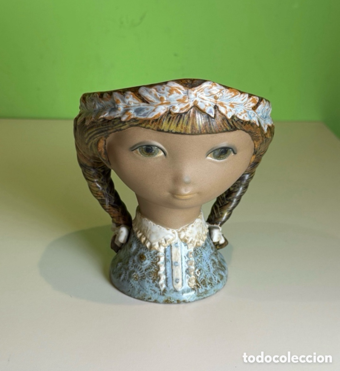 Antig&uuml;edades: Jarr&oacute;n macetero de porcelana Lladr&oacute; - Dise&ntilde;o Vicente Mart&iacute;nez - A&ntilde;os 70 - Cabeza de ni&ntilde;a