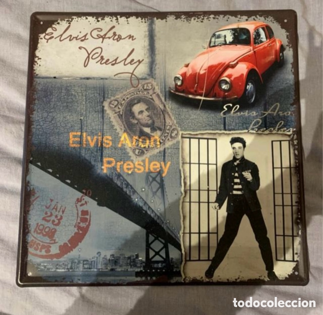 Antig&uuml;edades: Chapa decorativa de metal con dise&ntilde;o de Elvis Presley.