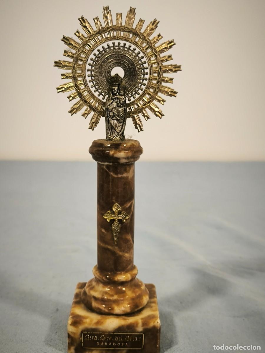 Antiquit&auml;ten: Figura Virgen Del Pilar Zaragoza &ndash; Imagen Religiosa Con Peana Tipo M&aacute;rmol