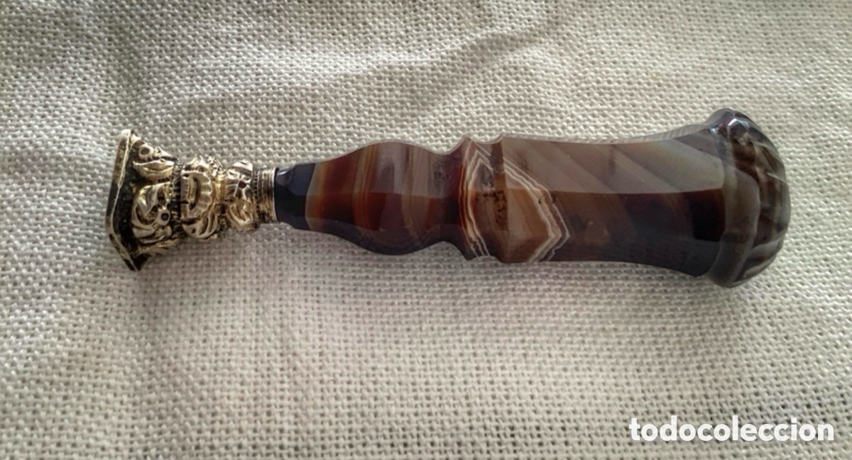 Antiquit&auml;ten: Sello para lacre, de Agata y Plata de ley. Realizado en Inglaterra en 1900.