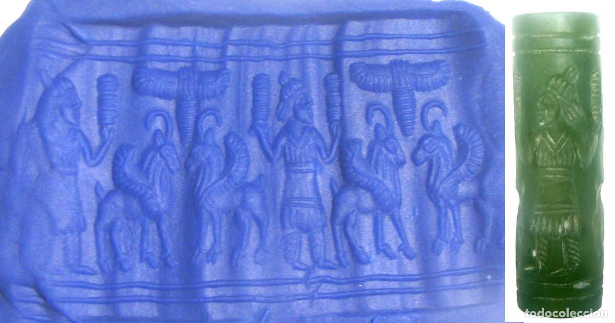 Antiguidades: Mesopotamia-Raro sello cil&iacute;ndrico grabado en piedra 52 mm-2100-2000 AC.con certificado autenticidad