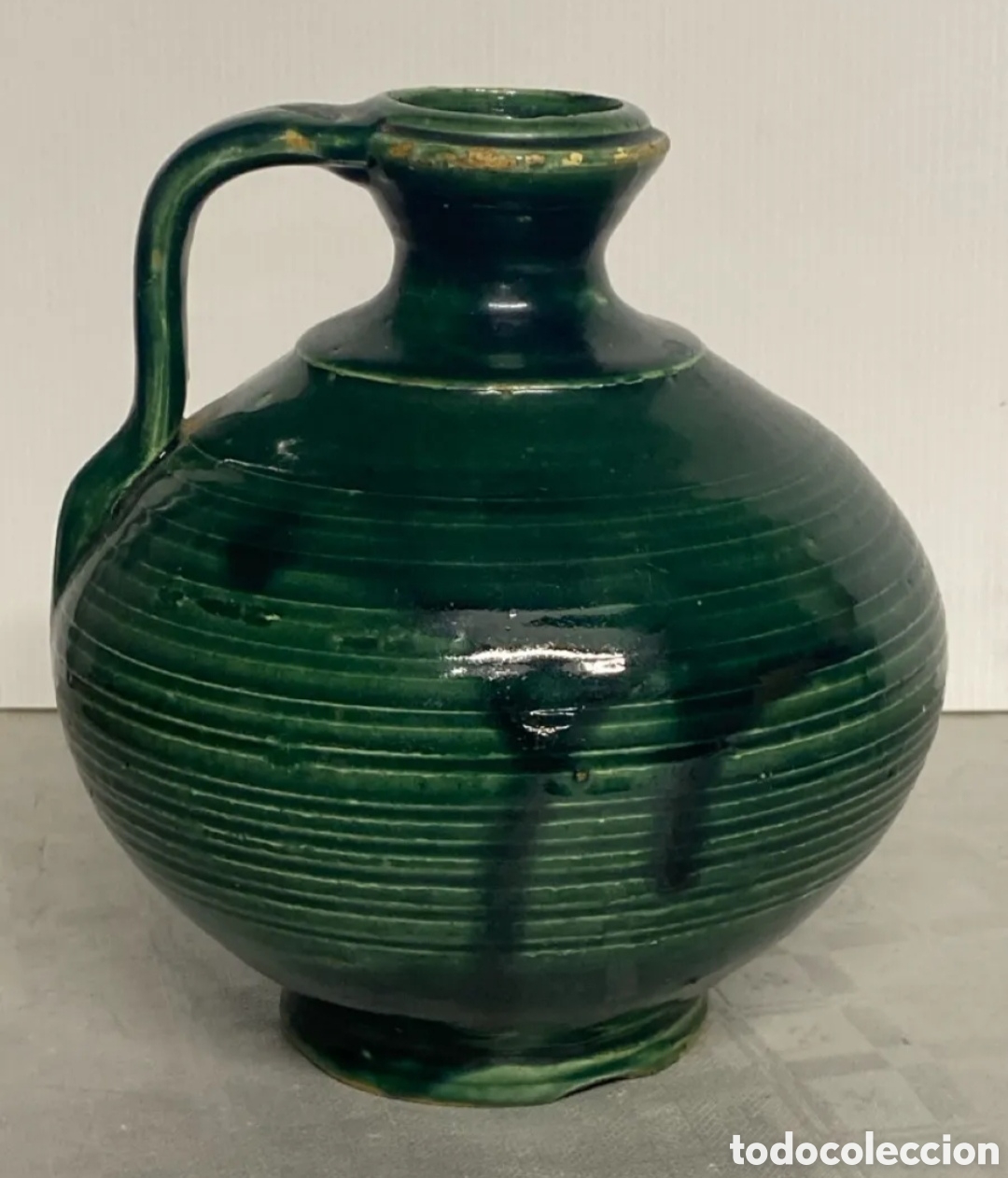 Antig&uuml;edades: Cantaro Perula Cantara de aceite vidriado en verde, cer&aacute;mica TRIANA LUCENA UBEDA Circa Siglo XIX