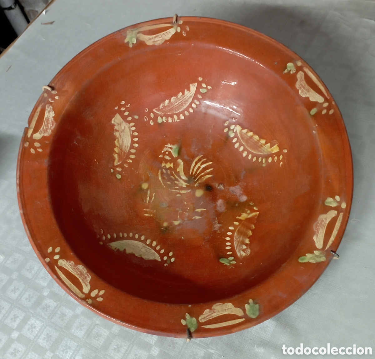 Antig&uuml;edades: Antiguo Lebrillo Cuenco Plat&oacute;n Cer&aacute;mica Popular Catalana La Bisbal Di&aacute;metro 35 cm Circa Siglo XVIII