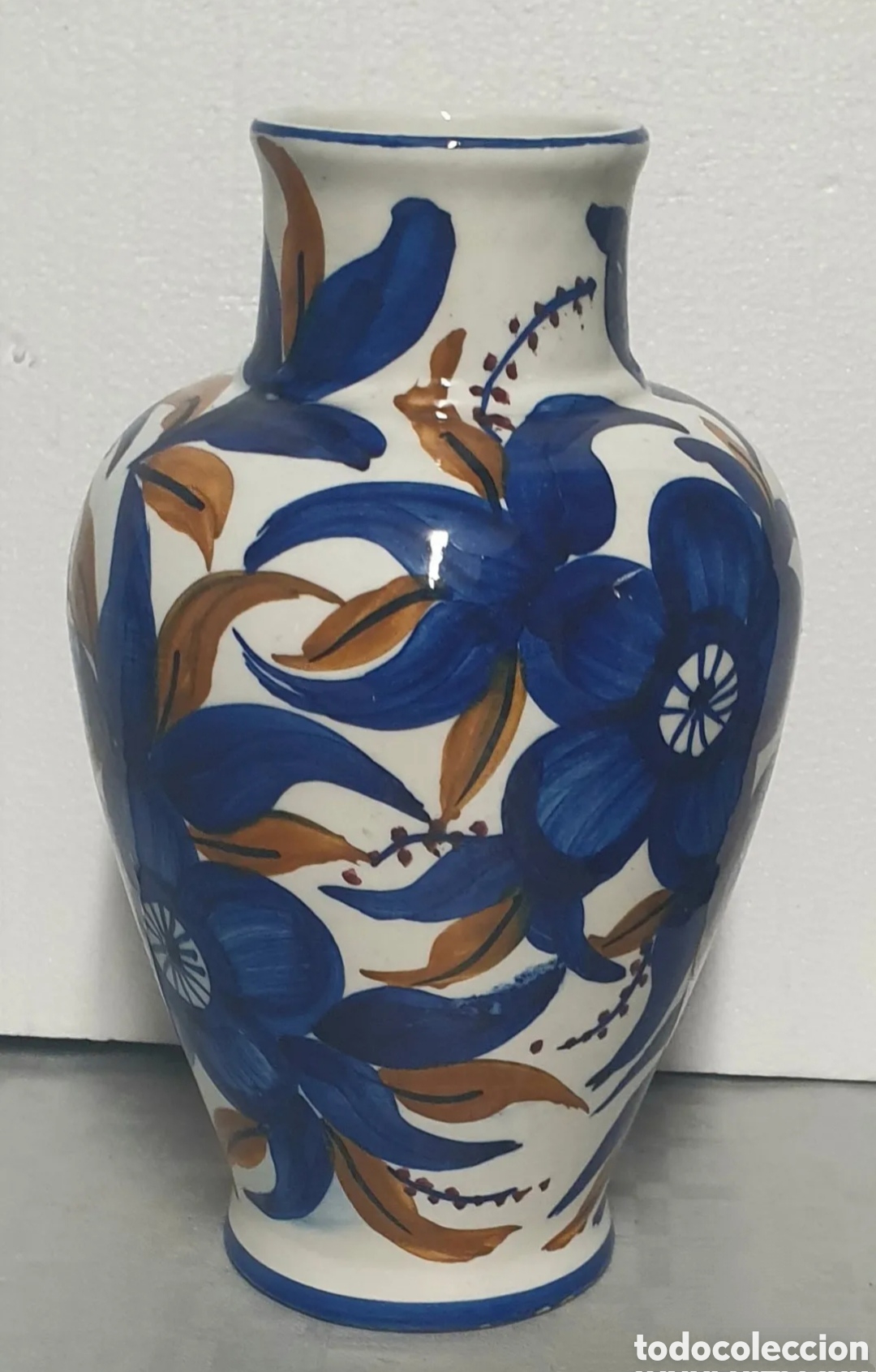 Antiguidades: Jarr&oacute;n cer&aacute;mica popular vidriada motivos florales y interior blanco 26 cm