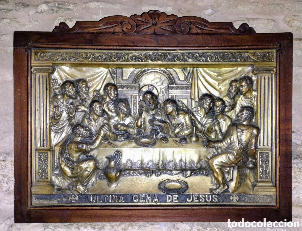 Oggetti Antichi: antiguo CUADRO de COBRE PLATEADO en relieve +&Uacute;LTIMA CENA+ a&ntilde;os 40 EN NORMAL ESTADO ver fotos.