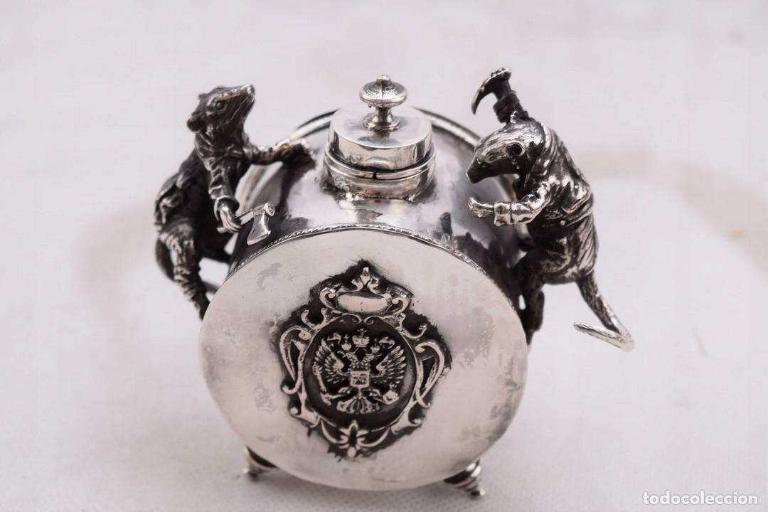 Antig&uuml;edades: Original TINTERO de plata de la Rusia imperial con decoraci&oacute;n de ratas, plata rusa ley 84 RARO !!!