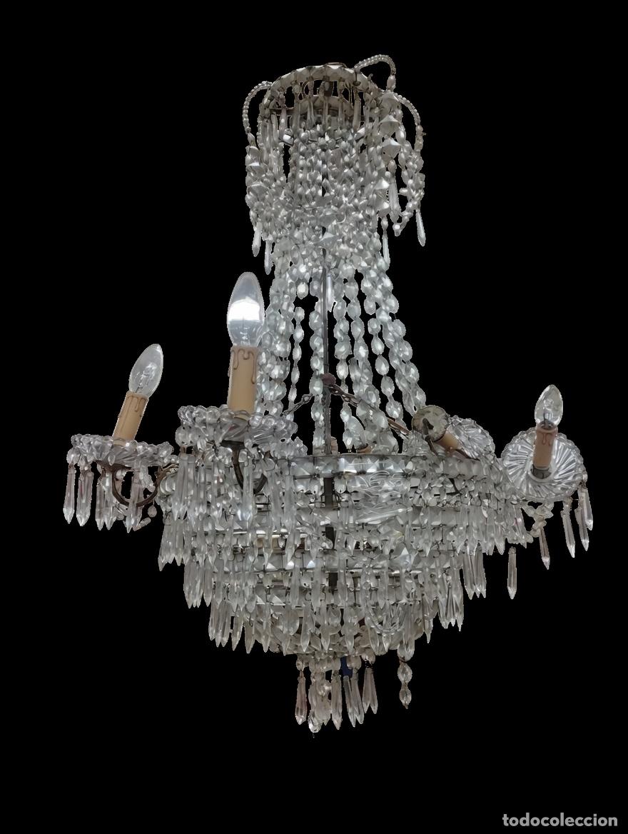 Antig&uuml;edades: ANTIGUA L&Aacute;MPARA FERNANDINA DE ARA&Ntilde;A. METAL Y CUENTAS DE CRISTAL. ESPA&Ntilde;A. SIGLO XIX.