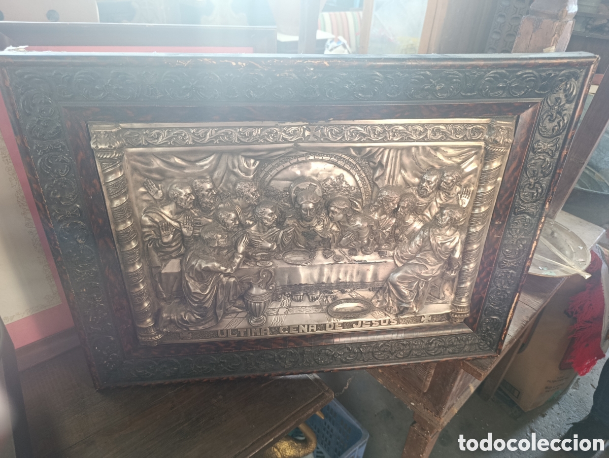 Antig&uuml;edades: Cuadro ultima cena en laton plateado.