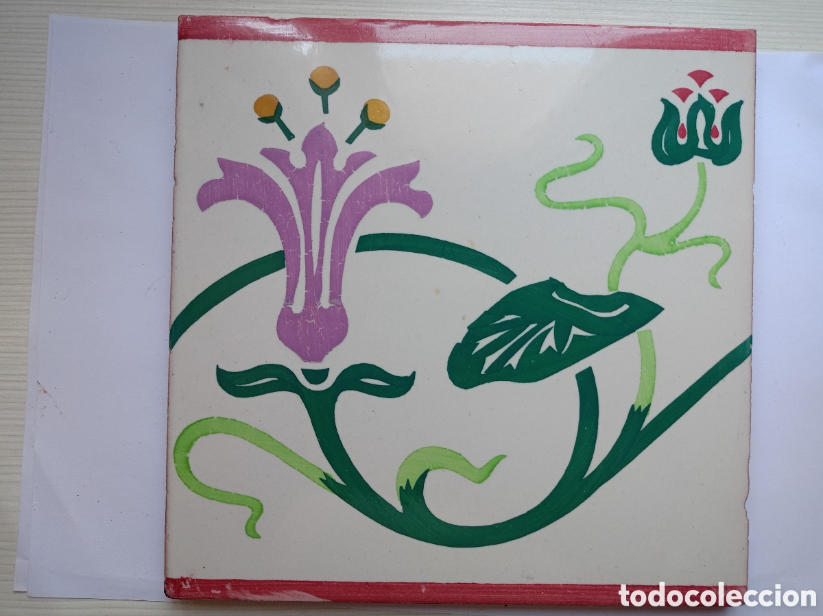 Oggetti Antichi: Antigua baldosa con motivos florales 20x20 cm