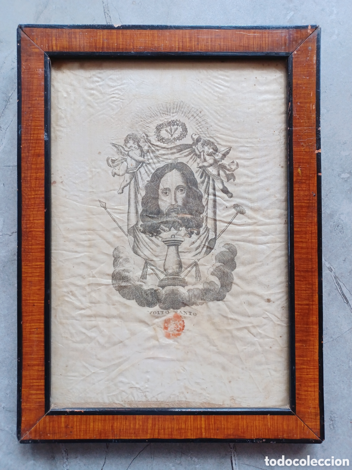 Antig&uuml;edades: Grabado en tela de Ecce Homo o Volto Santo con relicario.