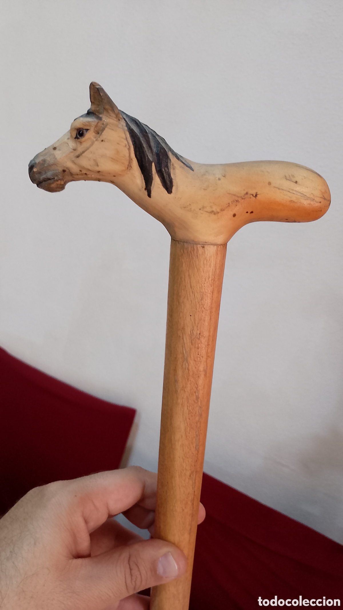 Antig&uuml;edades: Precioso bast&oacute;n antiguo cabeza de caballo madera tallada