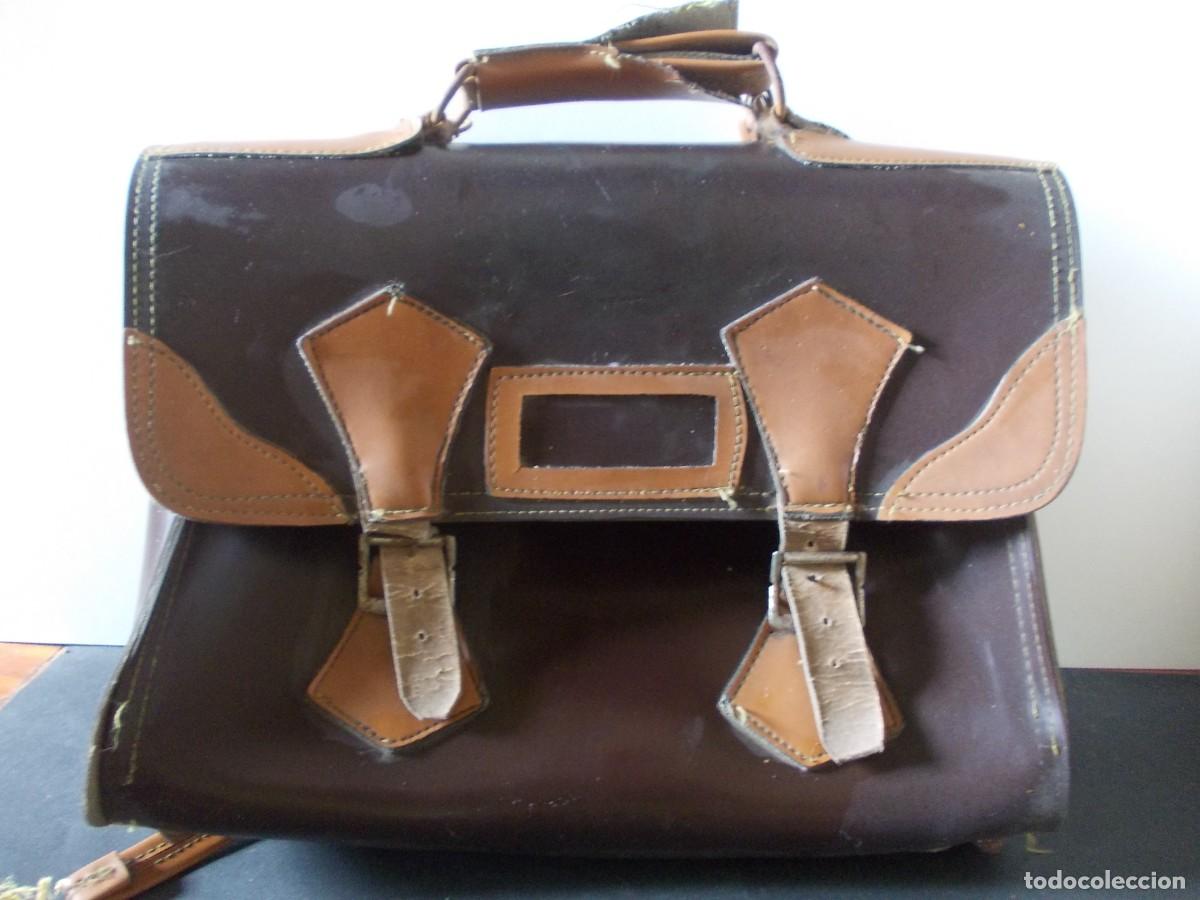 Antig&uuml;edades: Maleta escolar vintage cuero marr&oacute;n dos tonos antigua colegio