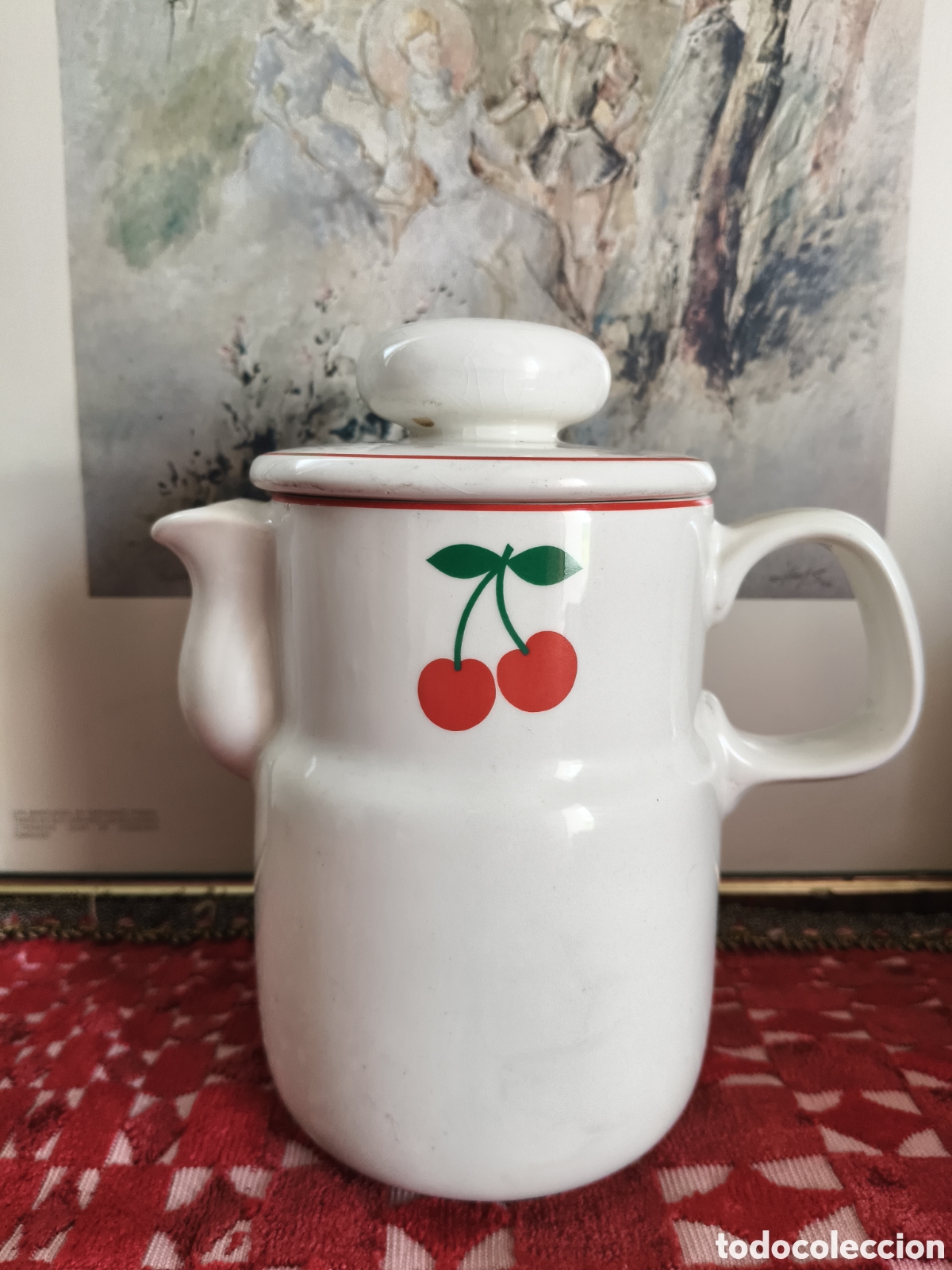 Antig&uuml;edades: Jarra cafetera de porcelana San Claudio Asturias a&ntilde;os 80 motivo cerezas