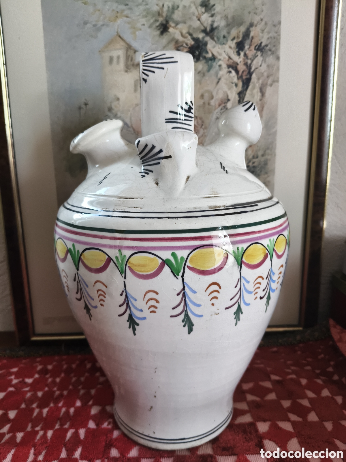 Antiguidades: Antiguo BOTIJO DE CER&Aacute;MICA MURCIA LORCA TOTANA BLANCO CON CENEFA AGUA