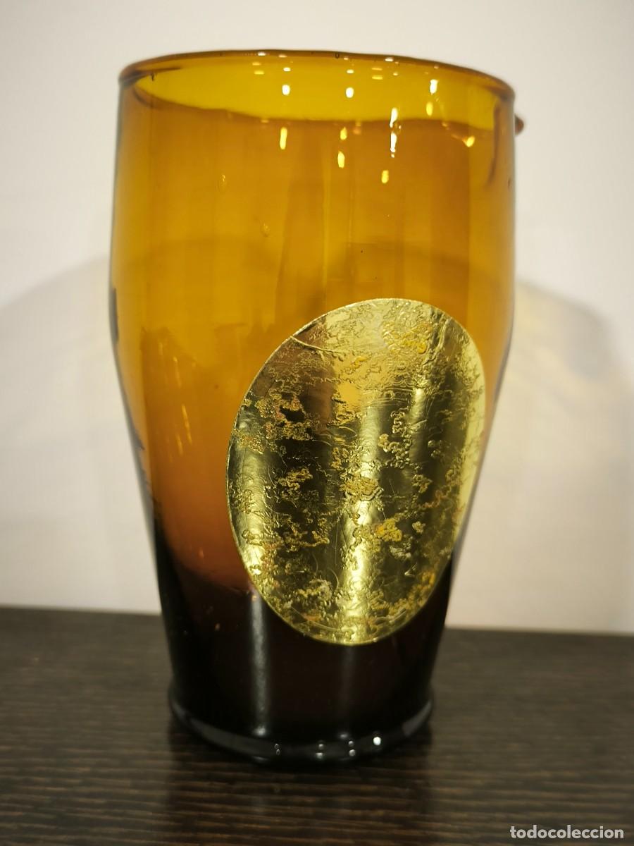 Oggetti Antichi: Vaso Antiguo De Vidrio &Aacute;mbar Con Detalle Dorado 16,5 Cm &ndash; Dise&ntilde;o Vintage Elegante