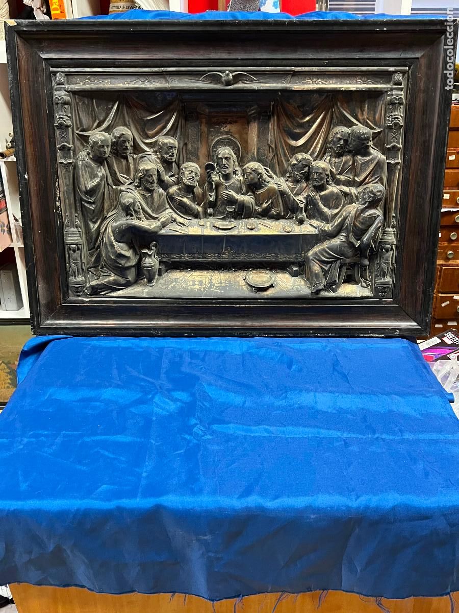 Antig&uuml;edades: Cuadro ultima cena en metal repujado con gran relieve