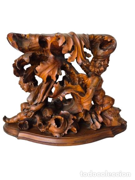 Antig&uuml;edades: Fant&aacute;stico Pie de Mesa Antiguo, Italia - M&eacute;nsula, Base en Madera Tallada - S.XIX - Decorada &Aacute;ngeles