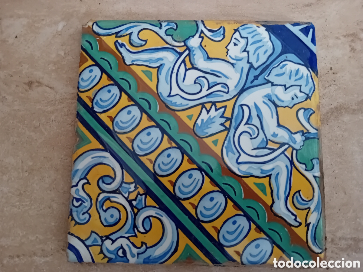 Antiquit&auml;ten: Antiguo azulejo valenciano representativo de dos ni&ntilde;os 15x15cm